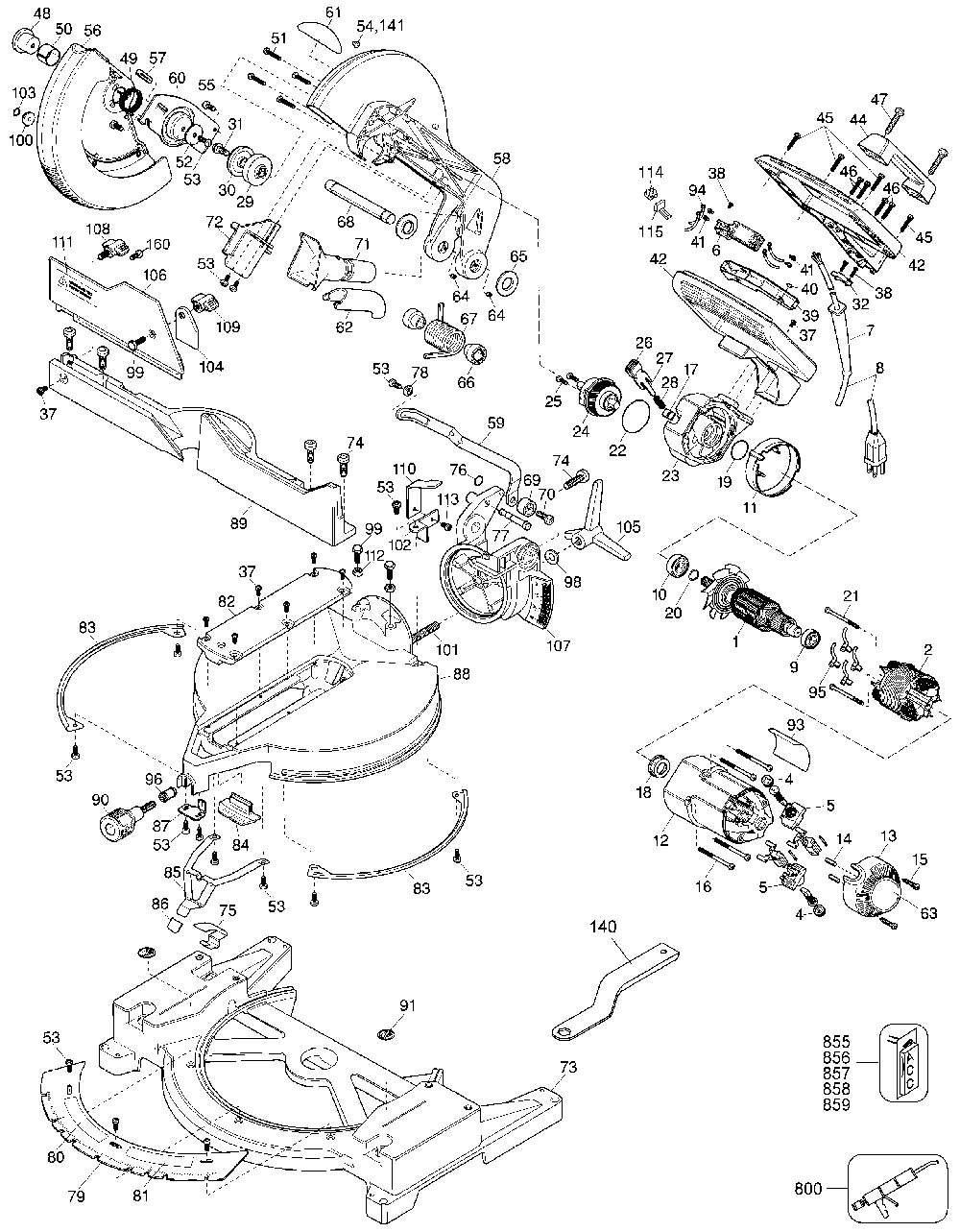 Exploded Diagram A Diagram and Parts List for 3680-46 Type 1 Black and Decker Miter Saw